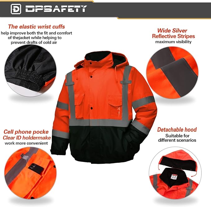 Safety jacket for men,Reflective high Visibility Hooded jacket,Hi-Vis Bomber Jacket with Pockets and Zipper,Waterproof,Black Bottom,ANSI/ISEA 107-2020 Type R Class 3,Orange