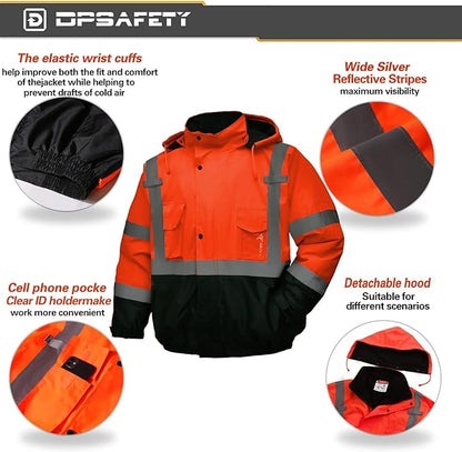Safety jacket for men,Reflective high Visibility Hooded jacket,Hi-Vis Bomber Jacket with Pockets and Zipper,Waterproof,Black Bottom,ANSI/ISEA 107-2020 Type R Class 3,Orange