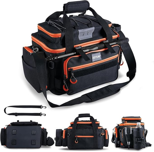 Goture Fishing Tackle Bag, Store Up to 4PCS 3700 Plus 2PCS 3600 Tackle Trays(Not Included), 600D Soft Side Gear Fishing Bag with Rod Straps,Detachable Water Bottle Pouch,Waterproof Bottom,SBS Zippers