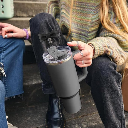 4Pcs Silicone Straw Toppers Covers for Stanley Cups 40/30oz 10mm(0.4in) Dust-Proof Bow Straw Covers Toppers Suitbale for Stanley Cup Accessories Reusable Straws Caps (Black)