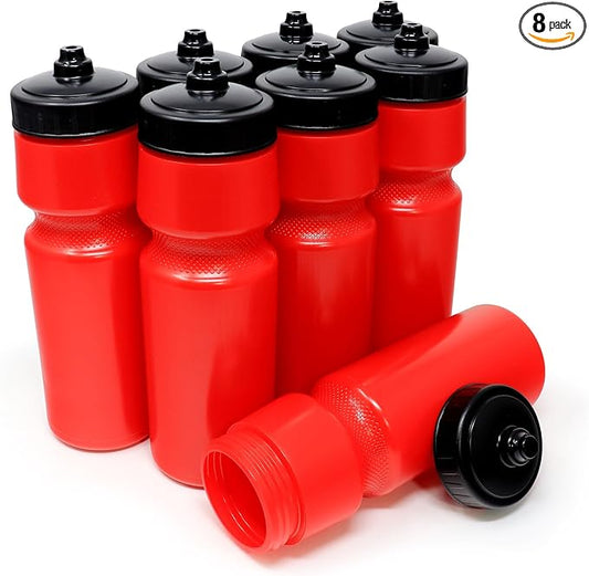 Rolling Sands USA Made 24 oz Sports Squeeze Water Bottles, 8 Pack, BPA-Free, Easy Drink One Way Flow Valve, Fits Most Bike Cages, Dishwasher Safe, Durable, Reusable and Lightweight, Red