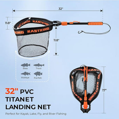 KastKing Titanet Fishing Net, Durable Aluminum Handle, Non-Slip Hi-Vis Grip, Compact Bag & Lanyard, Ideal for Kayak, Lake, Fly, or River Fishing, 2 Net Options