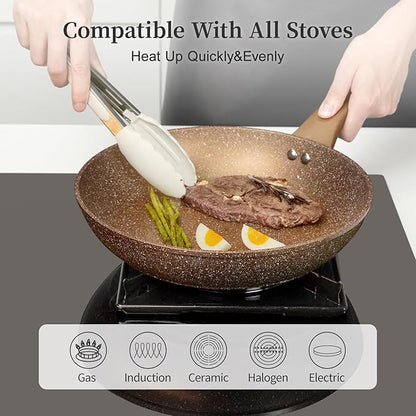 Healthy Nonstick Granite Cookware Set - 3 Pcs, Induction Skillets With Lids, PFOA Free, No Toxic Egg Omelette Frying Pan