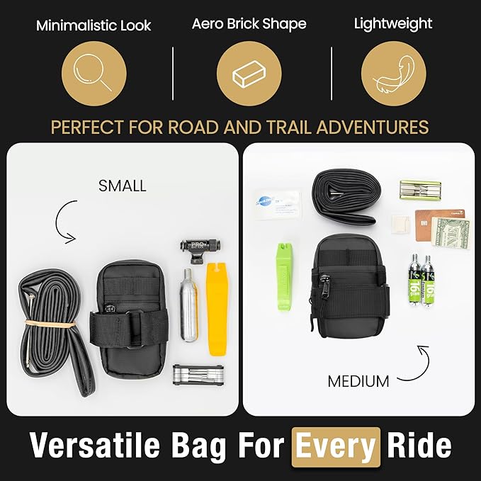 Lumiere & Co. Bike Saddle Bag – Ultra Small (0.2L) & Medium (0.5L) Options | Sleek Minimalist Design, Secure Hook & Loop Strap