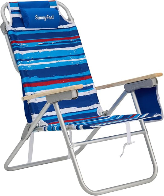 SUNNYFEEL High Back Folding Beach Chair, Tall Beach Chair with 3 Reclining Position, Portable Camping Chair for Adults, Wood Armrest, Lightweight Camping Chair 300 lbs Heavy Duty, Blue Stripe