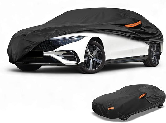 Waterproof All-Weather Universal Car Cover with Right Side Zipper, 210T-PU Black Fits for Sedan Up to 165" Length