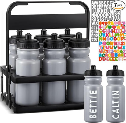 Suclain 7 Pcs Water Bottle Carrier with 20 Oz Bottles and Stickers Plastic Wide Mouth Sports Water Bottle Squeeze Team Bottles with Black Lid for Fitness Bike Gym (Grey)