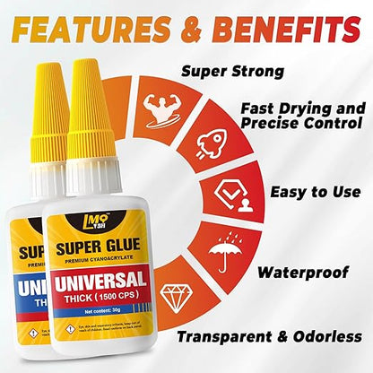 Super Glue Thin and Thick Liquid CA Glue Clear 60 Gram, All Purpose Superglue Cyanoacrylate Adhesive for Shoe Repair Ceramic Plastic Leather Glass Model Metal Wood Pottery Porcelain, Instant Bonding