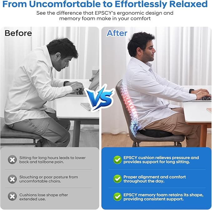 EPSCY Memory Foam Seat Cushion for Office Chair, Car, Airplane & Bleachers – Ergonomic Support for Sciatica, Hip & Tailbone Pain Relief – Comfort Pad for Long Sitting, Office Workers & Driver - Grey