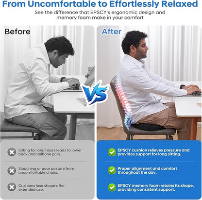 EPSCY Memory Foam Seat Cushion, Black, Ergonomic Comfort for Office Chair, Car, Airplane & Bleacher, U-Shaped Design for Enhanced Support & Comfort, Portable, Non-Slip, Washable Cover for Everyday Use