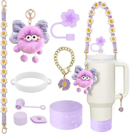 Stanley Cup Accessories Set for 40oz & 30oz Tumblers - Handle Strap, Spill-Proof Stopper, Silicone Straw Cover, Boot Base Protector, Keychain & Handle Charms(Purple)