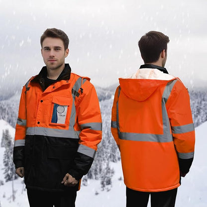 High Visibility Safety Jackets, Construction Coats with Pockets for Men& Women, Rain Jacket for Winter Cold Weather, Waterproof High Vis Rain Coat, Class 3, Orange-Black Long, 3XL