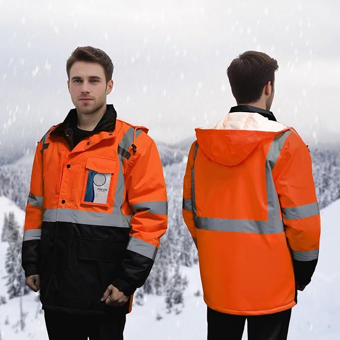 High Visibility Work Jackets, Safety Jacket with Pockets for Men& Women, Construction Coats for Cold Weather, Waterproof High Vis Rain Gear, Class 3, Orange-Black Long, 5XL