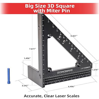Big Carpenter Square 6x7.5 Inch Hole Scribing Ruler 3D Multi Angle Measuring Ruler 22.5-90 Degree Woodworking Square with Fixed Angle Pin 4 in 1 Square for Engineering and Construction