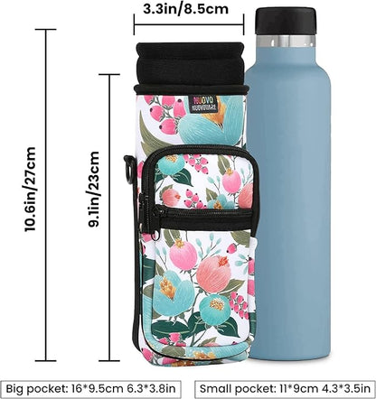 Nuovoware Water Bottle Carrier Bag,25oz/40oz/64oz Bottle Pouch Holder,Adjustable Shoulder Hand Strap 2 Pocket Sling Neoprene Sleeve Sports Accessories for Hiking Travelling Camping
