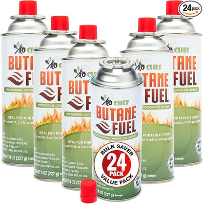 Jo Chef Butane Fuel Canister, 8 oz Cylinder - Pure Refined Gas for Camping Stove or Creme Brulee Blow Torch, 24 Cans