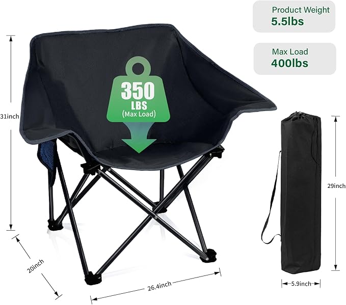 2 Pack Portable Camping Chair Compact Collapsible Outdoor Folding Sports Chairs for Adults Heavy Duty Camp Sporting Events Park Lawn 400 Lbs Black