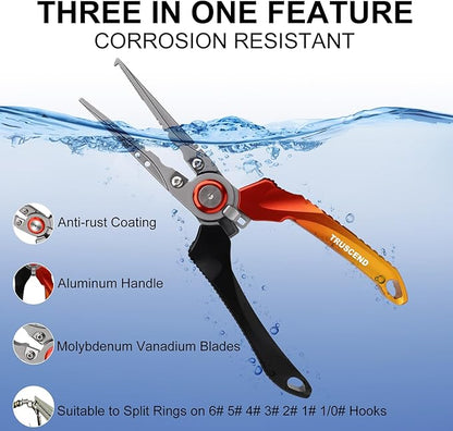 TRUSCEND Lockable Handy Fishing Pliers with Innovative Ergonomic Handle, Saltwater Corrosion Resistant Teflon Coated Fishing Tool, Multi-Function Fishing Gear with Mo-V Cutter