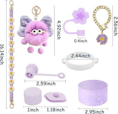 Stanley Cup Accessories Set for 40oz & 30oz Tumblers - Handle Strap, Spill-Proof Stopper, Silicone Straw Cover, Boot Base Protector, Keychain & Handle Charms(Purple)