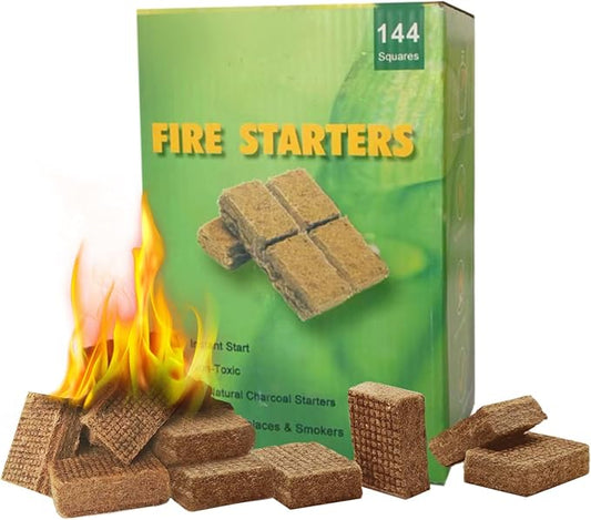 KAMaster 144 Pack Fire Starter Cubes - 35 Minutes Long Burning All Weather Firelighters, Waterproof & Windproof for Grill, BBQ, Fire Pit, Camping, Survival - Natural Wood Firelighters(Easy Ignite)