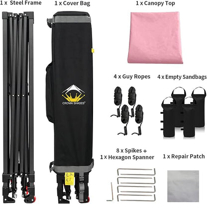 CROWN SHADES 10x10 Pop Up Canopy Tent - Patented Center Lock One Push Instant Outdoor Canopy Beach Tent with STO-N-Go Bag 8 Stakes & 4 Sand Bags，Pink