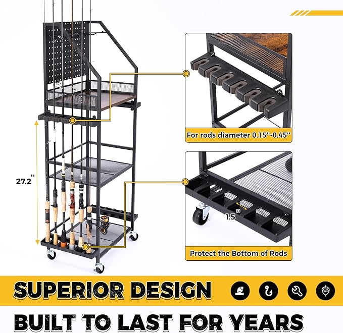 SOYEEZE Fishing Rod Holders for Garage, Fishing Pole Holders Up to 12 Rods with Pegboard and Hooks,Rolling Fishing Cart with Wheels, Fishing Gear Storage For Tackle Box & Reel Organization