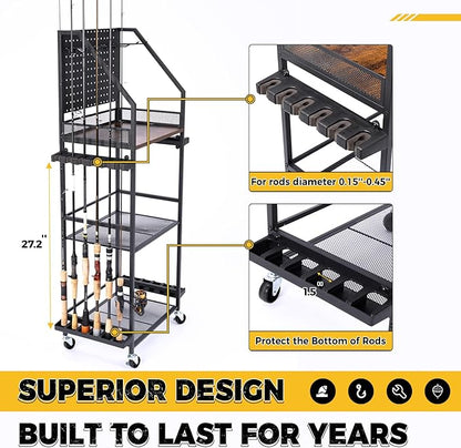 SOYEEZE Fishing Rod Holders for Garage, Fishing Pole Holders Up to 12 Rods with Pegboard and Hooks,Rolling Fishing Cart with Wheels, Fishing Gear Storage For Tackle Box & Reel Organization