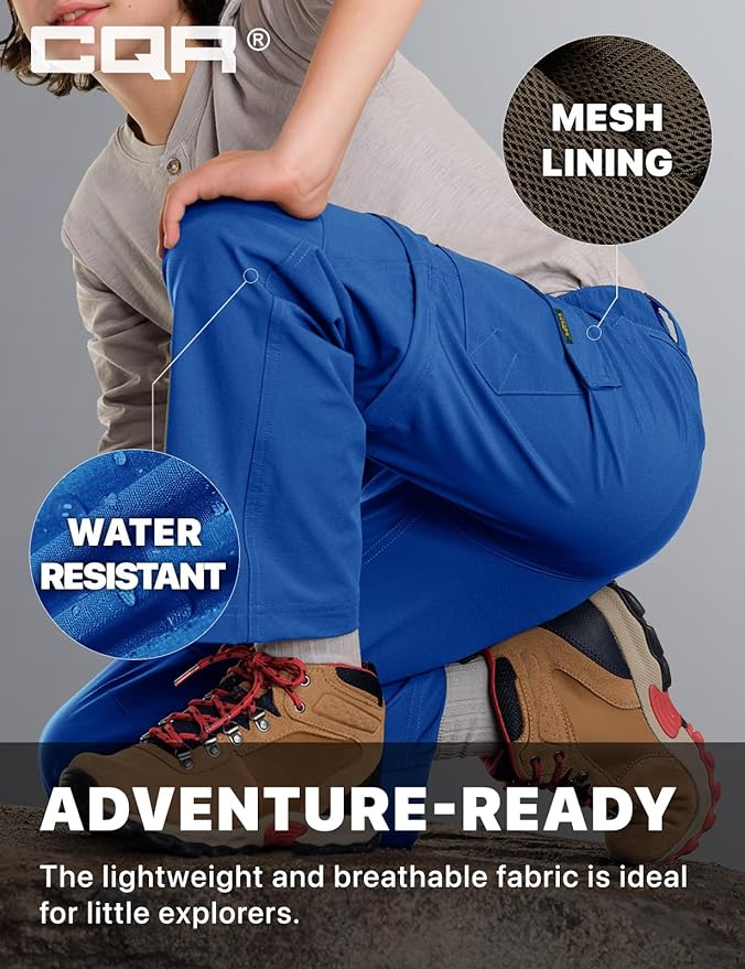 CQR Kids Youth Hiking Cargo Pants, UPF 50+ Quick Dry Convertible Zip Off Pants, Outdoor Camping Pants