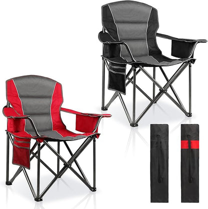 2 Pack Padded Oversized Camping Chairs for Adults,Heavy Duty Support 400 Lbs,Folding Portable Lawn Chair w/Cup Holder,Cooler Bag,Side Pocket,Perfect for Outdoor Picnic,Hiking(Red&Black)