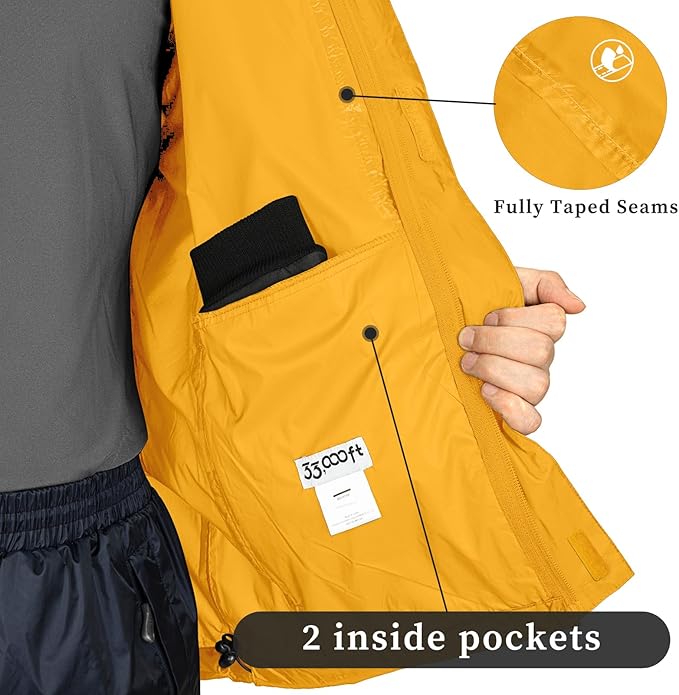 33,000ft Packable Rain Jacket Men's Lightweight Waterproof Rain Shell Jacket Raincoat with Hood for Golf Cycling Windbreaker