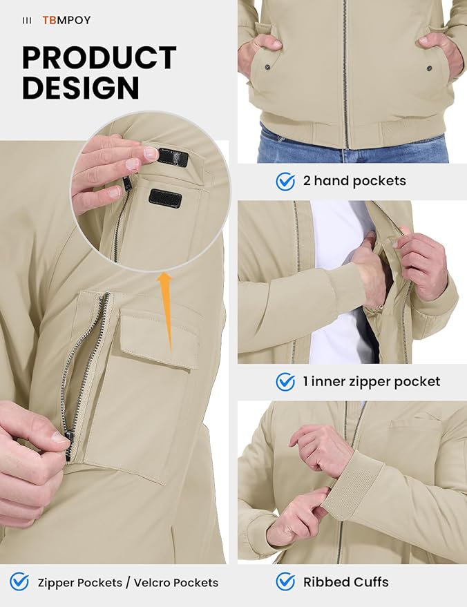 TBMPOY Men's Fall Jacket Winter Windbreaker Bomber Zip Up Padded Softshell Warm Windproof Casual Coat