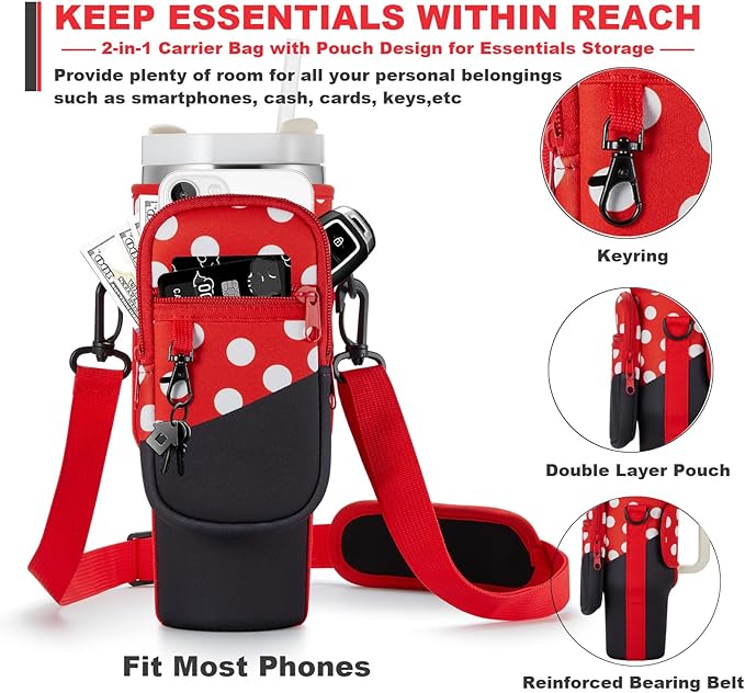 Water Bottle Carrier Bag with Phone Pocket for Stanley 40 & 30 oz Tumbler with Handle,Pink Insulated Neoprene Cup Holder Pouch w/Adjustable Strap for Quencher H2.0 Stanley Cup Accessories