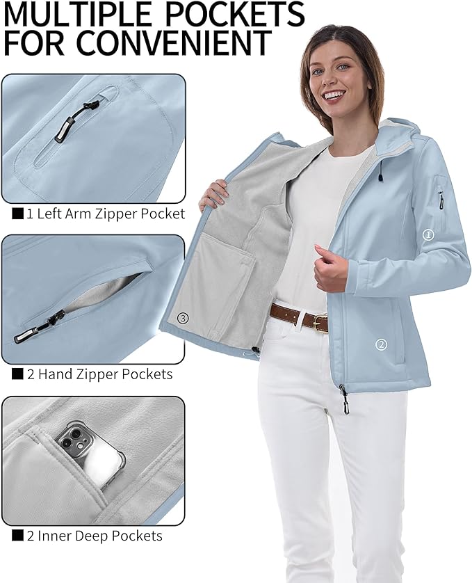 Outdoor Ventures Women's Softshell Jacket with Hood Fleece Lined Warm Lightweight Waterproof Insulated Windbreaker