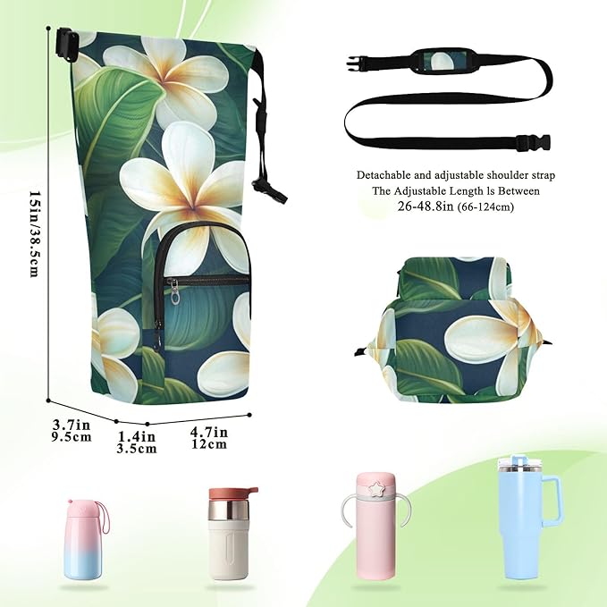 Tropical Plumeria Green Water Bottle Holder with Strap Insulated Water Bottle Carrier Crossbody Bags Pouch with Phone Pocket for Travel Gym Hiking Walking Running