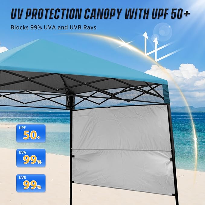 EAGLE PEAK 8x8 Pop Up Canopy Tent with Sidewall, Compact, Portable Slant Leg Instant Sun Shelter for Beach, Sports, & Camping, 8x8 Base 6x6 Top, Light Blue