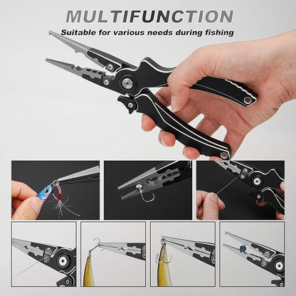 Aluminum Alloy Fishing Pliers, Corrosion Resistant,Multifunctional Hook Remover with 2 Sheaths,Safety Lock, Fishing Line Cutting,Tungsten Carbide Cutters, 8 Inch Lightweight Fishing Tool