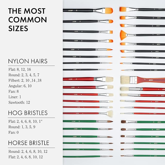 ARTIFY 41 Pieces Long Handle Paint Brushes, Expert Series, Hog Bristle, Horse Hair and Nylon Hairs Art Set Includes a Carrying Canvas Roll, for Acrylic, Oil, Watercolor and Gouache