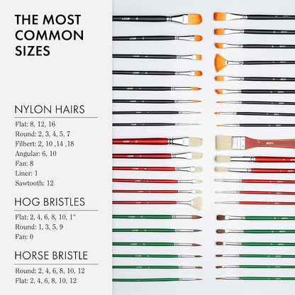 ARTIFY 41 Pieces Long Handle Paint Brushes, Expert Series, Hog Bristle, Horse Hair and Nylon Hairs Art Set Includes a Carrying Canvas Roll, for Acrylic, Oil, Watercolor and Gouache
