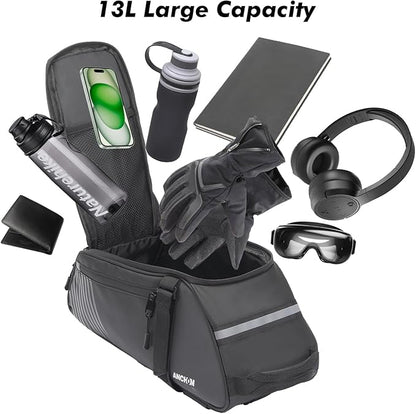 Rear Bike Rack Bag, 13L PVC Water Resistant Bicycle Bag for Road and Mountain Bikes, Commuter Bag for Grocery Shopping and Cycling, Black