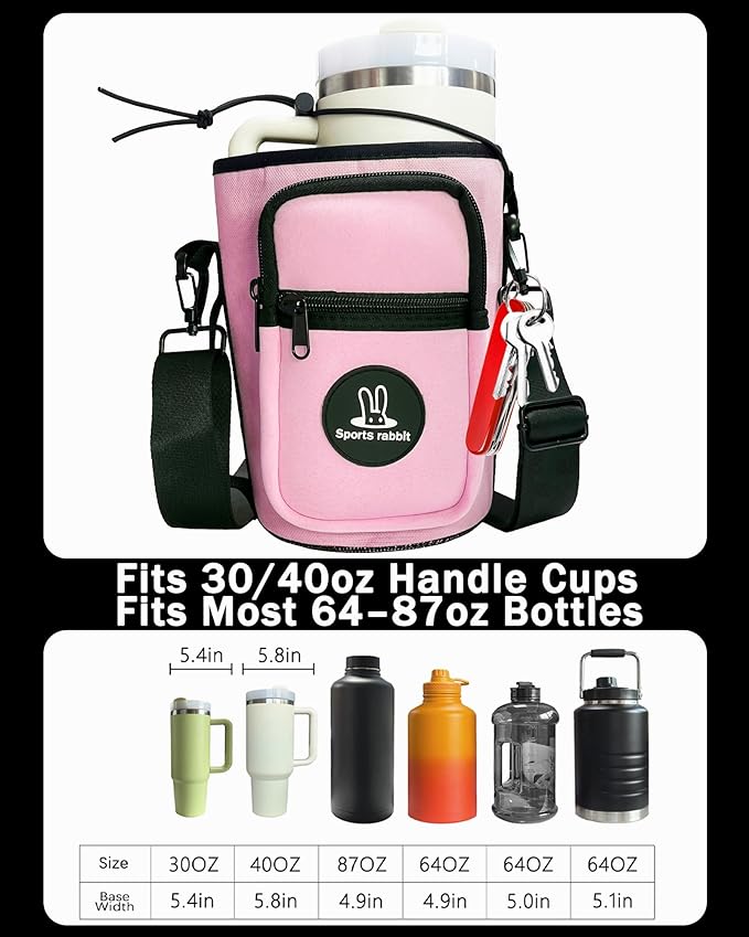 Sports rabbit Universal Water Bottle Holder – Durable Oxford & Neoprene Hybrid Design Compatible with Stanley 30/40oz Handled & 64/87oz Straight Tumblers, Adjustable Strap for Gym, Travel, Outdoors