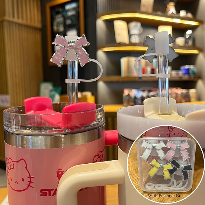 Epoxy Bow Straw Toppers for Stanley Cups -4PCs Cute Straw Cover Caps Silicone Stanley Cup Accessories Compatible with 12 20 30 40 Oz Tumblers in Pink Black White Yellow with Storage Case