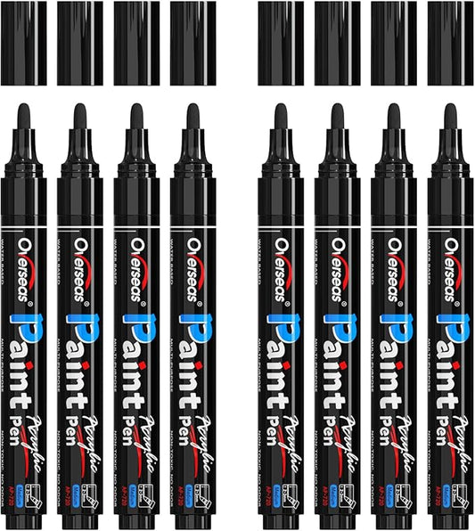 Overseas Black Acrylic Paint Markers - 8 Pack Medium Tip Acrylic Paint Pens, Water Based, Quick Drying, Waterproof, Non Toxic Permanent Markers for Rock, Wood, Plastic, Metal, Canvas, Glass, Fabric