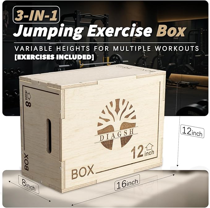 Plyo Box - 3-in-1 Wood Plyometric Jump Platform (16"x12"x8") for Home Gym Training - Ideal for Jumps, Squats & Conditioning-1 Piece