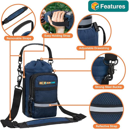SUN CUBE Water Bottle Carrier with Strap, Insulated Water Bottle Carrier Bag with Phone Pocket Pouch, Sleeve Sling Purse Crossbody Bottle Holder for Walking, Sports, Hiking Accessories 40/64 oz