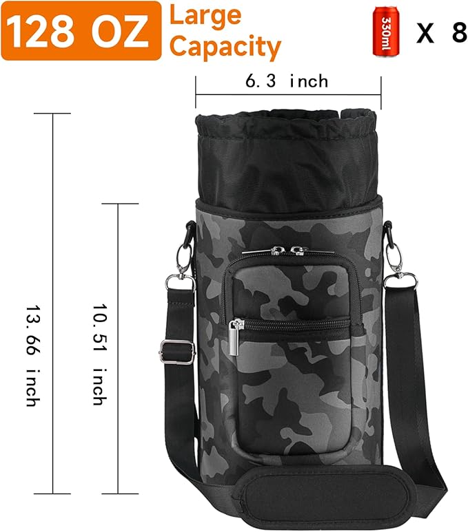 32/40/64/128 oz Neoprene Insulated Water Bottle Carrier Bag, Sling Bag Sleeve Pouch Holder with Strap & Paracord Handle and 2 Pocket for Travelling, Hiking, Camping