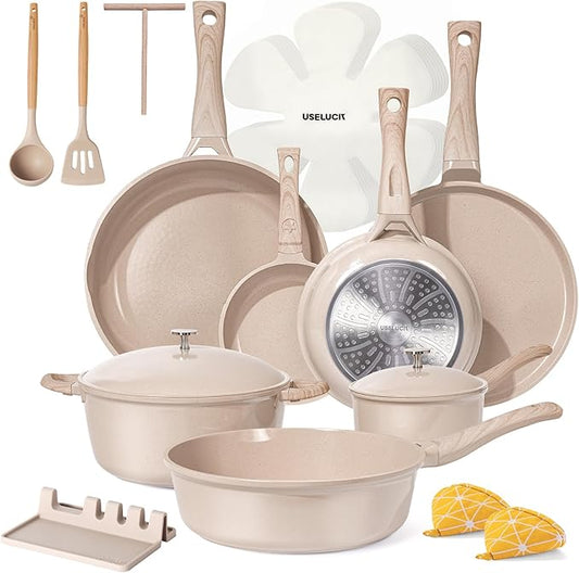 21Pcs Pots and Pans Set with Aluminum Lid, Nonstick Ti-Ceramic Cookware Sets, Induction Cookware Non Stick Cooking Set w/Frying Pans & Saucepans(PFOS, PFOA Free)-Taupe