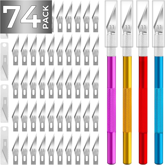 JTIEO 74 Pack Hobby Knife Exacto Knife with 4 Upgrade Sharp Hobby Knives and 70 Spare Craft Knife Blades for Art, Scrapbooking,Stencil