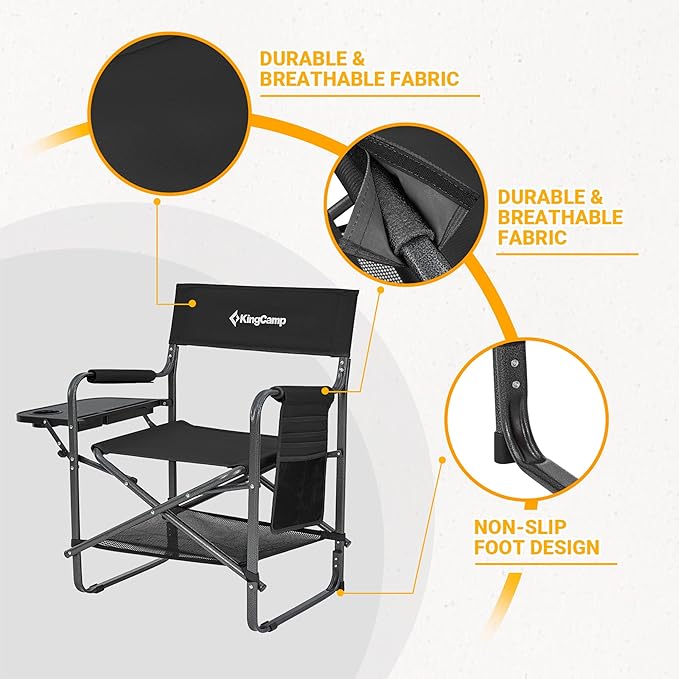 KingCamp Directors Chair with Side Table, Folding Camping Chairs for Adults with Storage Pockets, Breathable for Outside Camping, Lawn, Picnic, Beach & Fishing (Black)