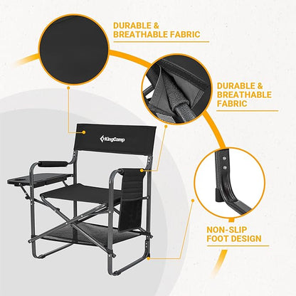 KingCamp Directors Chair with Side Table, Folding Camping Chairs for Adults with Storage Pockets, Breathable for Outside Camping, Lawn, Picnic, Beach & Fishing (Black)