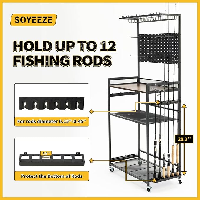 SOYEEZE Large Size Fishing Rod Holders for Garage, Heavy Duty 4-Tier Fishing Pole Rack Holds up to 12 Rods with Pegboard and Hooks, Fishing Gear Organizer, Fishing Storage Cart with Lockable Wheels